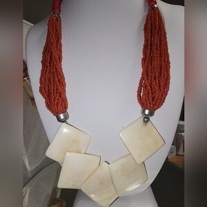 Vintage Geometric Bone and Red Glass Seed Bead Necklace